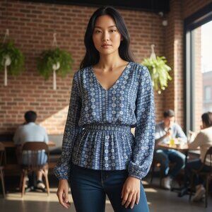 JACK Womens S Blue White Geometric Pattern V-Neck Smocked Waist Long Sleeve Top